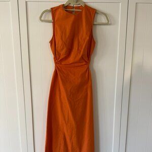 Commense Orange Linen Cut-Out Rouched Midi Dress